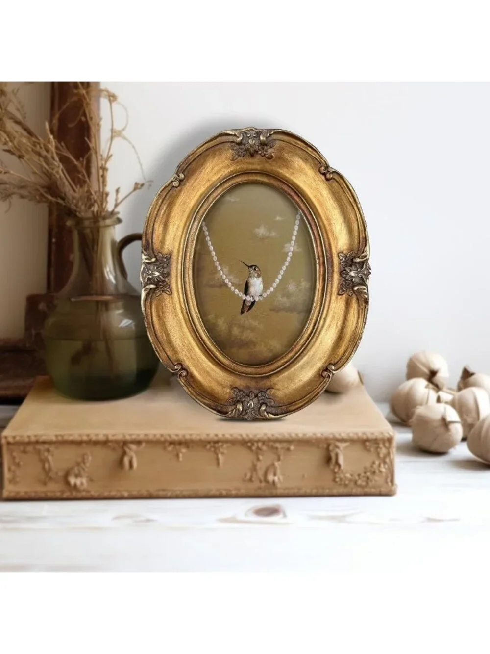 Vintage Bronze Oval Picture Frame 4x6 - Art Deco Glass Front, Antique Gold Decor